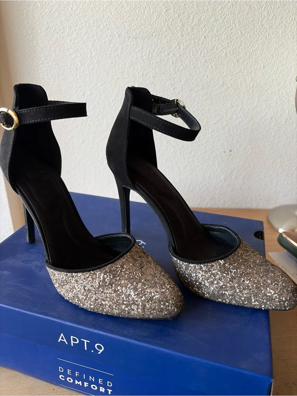 Apt. 9 Black Ankle-Strap Heels with Gold Glitter Toe